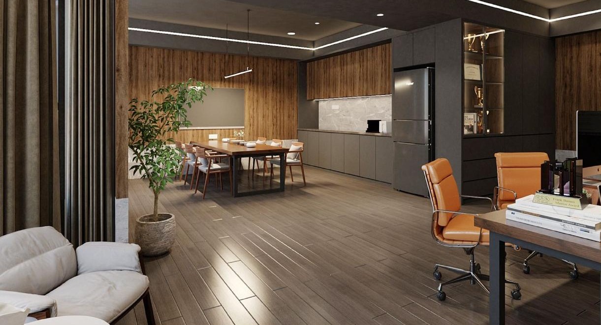 Open office with team table and pantry