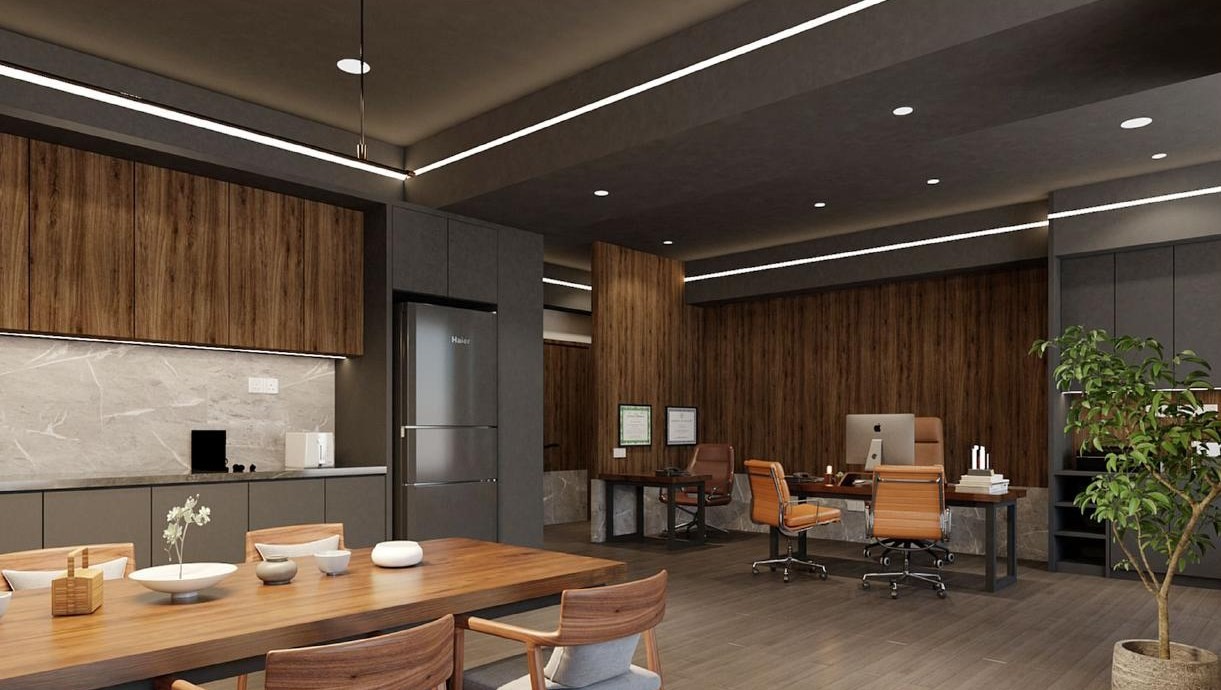 Pantry with dining table and desks behind